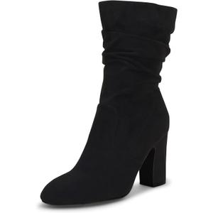 Coutgo Women's Mid Calf Slouchy Boots Suede High Heel Zip Stacked Chunky Block Round Toe Booties (6.5, Black)
