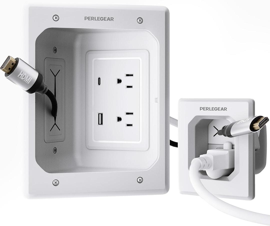 Perlegear TV in-Wall Cable Management Kit, USB and Typ C Ports Cord Hider for Wall Mount TV with Recessed Power, Includes Drill Templates, Dust Bags, Drywall Saw, Extension Cable