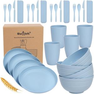 Wheat Straw Dinnerware Sets for 4, Wheat Straw Plates and Bowls Sets Kitchen Dishes 28pcs College Dorm Room Essentials Cutlery Set Microwave Safe (Blue)