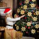 65pcs Gold Christmas Poinsettia Artificial 5.9", Glitter Berries with Stems, Clips for Christmas Tree Decoration, Wreath Ornaments for Xmas Wedding Party Decoration