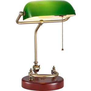 Bankers Lamp, Traditional Green Desk Lamp with Solid Birch Wood Base, Green Glass Antique Library Lamp with Pull Chain Switch, Plug in Vintage Bankers Desk Lamp for Office, Study Room E26 Socket