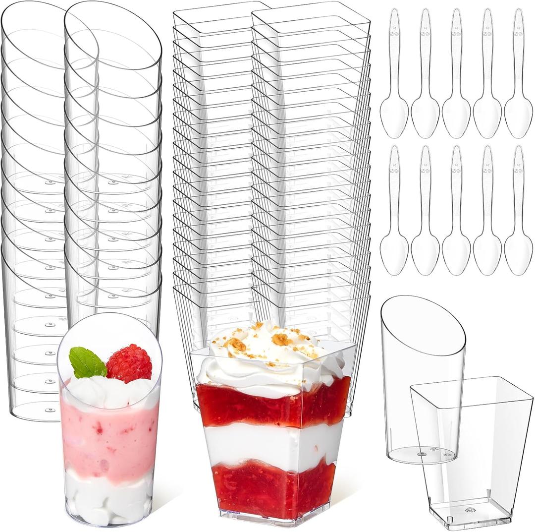 Soelomu Mini Plastic Dessert Cups with Spoons 200 Pcs | Serves 100 | 5 OZ Square and 2.2 OZ Slanted Dessert Shooters | Small Party Serving Cups for Parfait, Appetizers, Dessert Shot Glasses Set