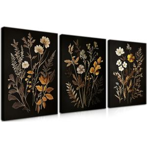 Vintage Black Flower Wall Art Decor Set of 3, Beautiful Wildflower Botanical Canvas Prints, Dark Academia Fall Floral Poster Painting Picture for Bedroom Living Room 12x16 Inch Framed