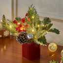 BellDesigns Artificial Flower with Red Bucket，Christmas centerpieces for Tables, Pre-lit Artifical Small Tabletop Christmas Tree with USB Power for Home, Office and Holiday Table DIY Christmas Décor