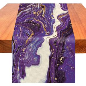 Marble Table Runner 72 Inches Long, Purple Golden Marble Texture Table Runner Dresser Scarves, Rustic Burlap Dining Room Table Decor for Kitchen Wedding Farmhouse Indoor Outdoor Home Party
