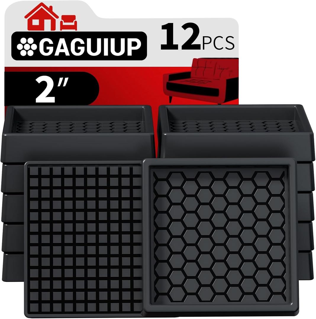 Non Slip Furniture Pads - 2x2 Anti Skid Caster Cups, 12PCS Square Furniture Coasters for Hardwood Floors, Anti Slide Furniture Cup Bed Floor Protectors, Furniture Stoppers to Prevent Sliding(Black)