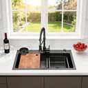 32 x 19 inch Kitchen Sink, Single Bowl Stainless Steel Sink Multifunctional Drop In Sink with Pull-Down Faucet and Multiple Accessories (black grey, 32 * 19 inch)