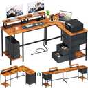 59 inch L Shaped Computer Desk with Power Outlets, Home Office Desk with 4 Adjustable Storage Drawers & 2 Monitor Stands, Two Person Gaming Table for Bedroom Rustic Brown