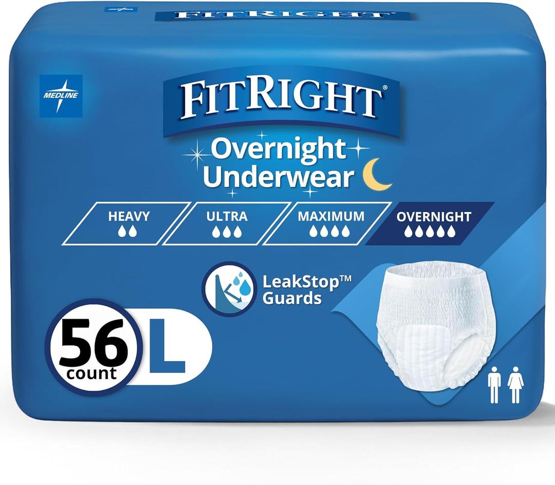 FitRight Overnight Unisex Large Underwear, (40-56 in Waist) 56 Count (4 Bags of 14), Maximum All Night Disposable Incontinence Protection, Pull-On Absorbent Underwear for Men and Women