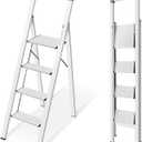 KINGRACK Aluminium 4 Step Ladder, Lightweight Step Stool with Non-Slip Pedals, Handrail, Foldable Step Ladder for Kitchen, Garage, Home, Space Saving, Sturdy and Portable, Silver