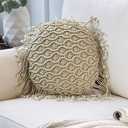 Phantoscope 100% Cotton Handmade Crochet Woven Boho Throw Pillow with Tassel Cute Farmhouse Pillow Insert Included Lumbar Small Decorative Cushion for Couch Sofa, Beige,16 inches Round