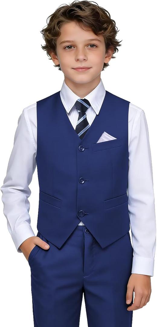 LOPEN STU Boys Suit Size 8 Dress Vest Pants Set Navy Blue Suits for Boys Wedding Easter Halloween Outfit Formal Dress Clothes
