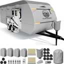 Heavy Duty Travel Trailer RV Cover 22-24ft, 8 Layers Breathable Waterproof Rip-Stop Camper Cover with Adhesive Repair Patches, Gutter, Tire & Additional Straps