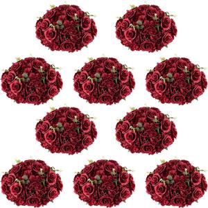 NUPTIO Flower Wedding Centrepieces for Tables: 10 Pcs Burgundy Artificial Flowers Roses Balls 14.2 inch Diam for Centerpiece Fake Silk Rose Arrangements Weddings Reception Birthday Party Decoration