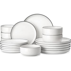 MALACASA Plates and Bowls Sets, 18 Pieces Modern Porcelain Dinnerware Set for 6 White Kitchen Dinner Ware Set wtih Black Rim Ceramic Dishware Dishes Microwave and Dishwasher Safe, Series LUNA
