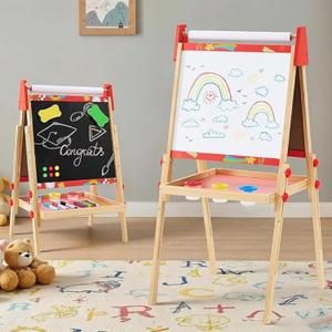 DUMOS Kids Easel Set with Paper Roll, Adjustable Height Double-Sided Magnetic Chalkboard & Whiteboard Art Station for Ages 3+, Dry Erase Board, Gift for Girls and Boys, Red, 21.3W