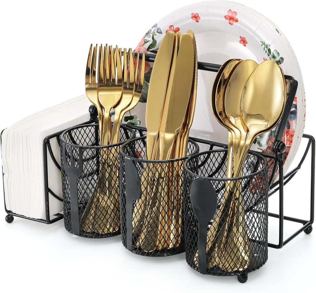 Metal Utensil Caddy with 5 Compartments, Black Mesh Silverware Caddy Organizer, Flatware Storage Holder for Napkins, Plates, Party, Camping, Picnic, Buffet, RV, BBQ, Kitchen, Countertop