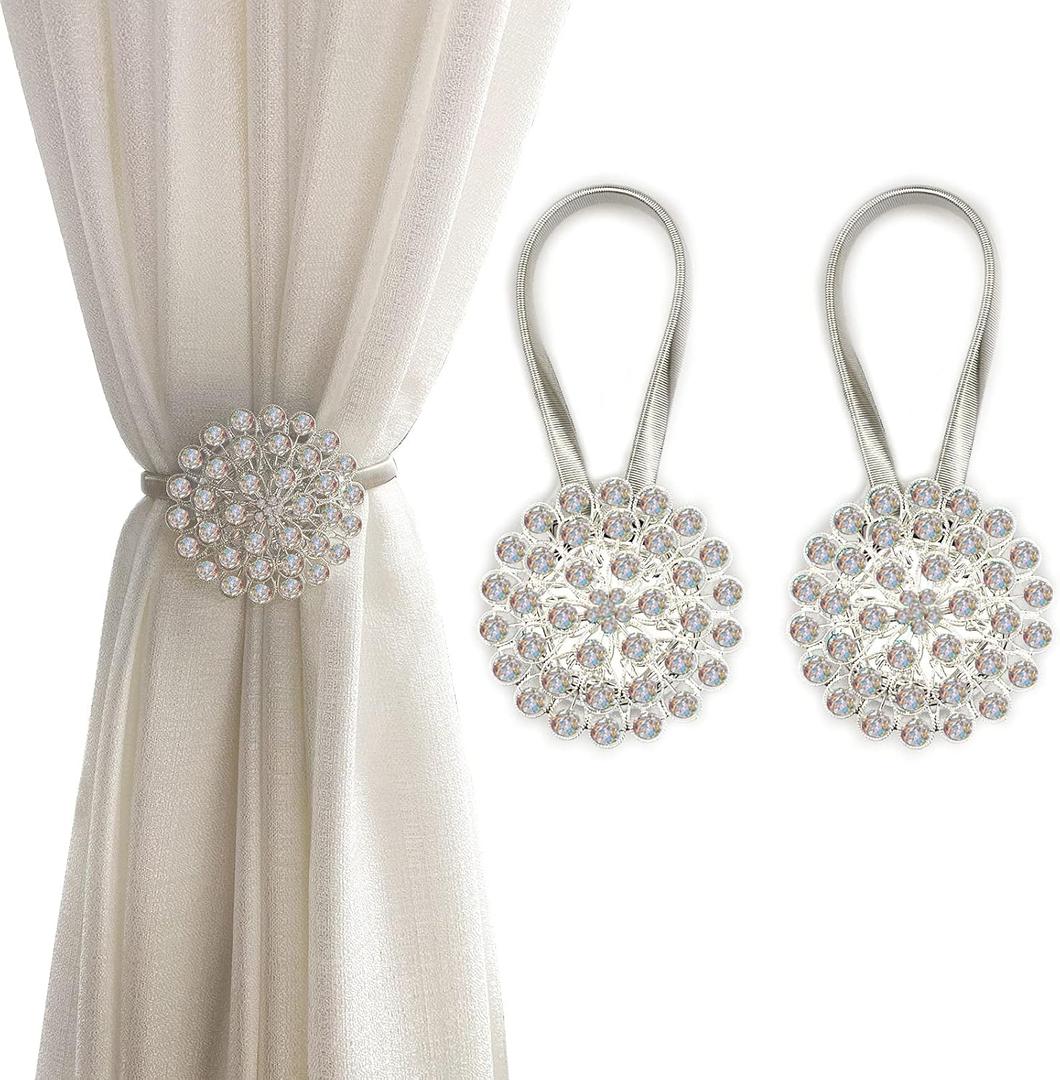 Magnetic Tiebacks for Curtains, 2 Pack Sparkling Crystal Flower Curtain Tiebacks Curtain Buckle Clips with High-Elastic Spring Wire for Home Office Decoration (Colorful)