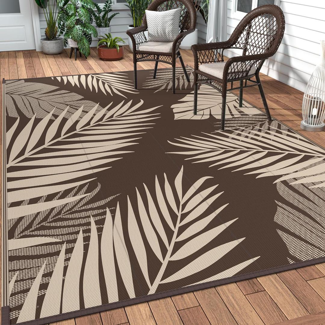 GENIMO Outdoor Rug 9' x 12' Waterproof for Patios Clearance, Reversible Outdoor Plastic Straw Camping Rug Carpet, Large Area Rugs Mats for RV, Camper, Deck, Balcony, Porch, Beach, Picnic, Coffee&Beige