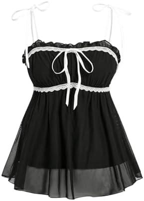 Verdusa Women's Babydoll Tops Peplum Tie Shoulder Sleeveless Summer Cami Going Out Top, (Black, Medium)