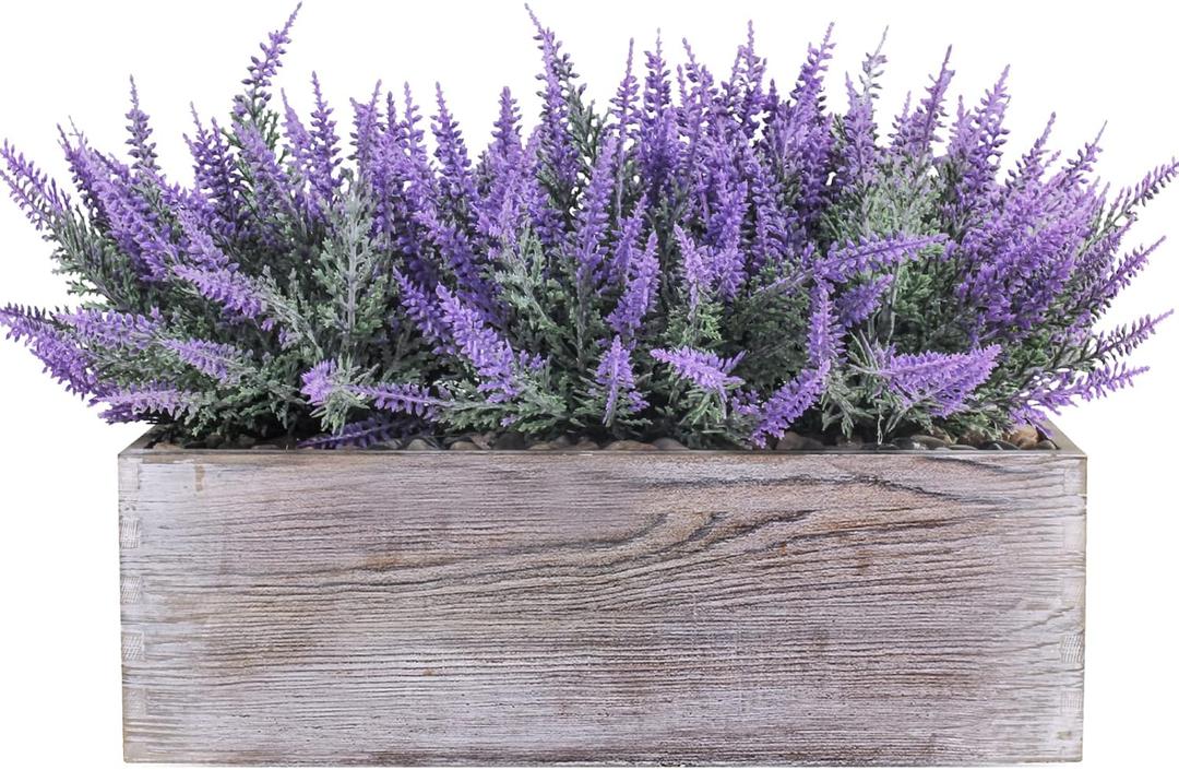 Fake Lavender Flower Arrangement in Rustic Rectangular Wood Planter Box Artificial Potted Lavender Plant for Gifts Farmhouse Wedding Centerpiece Kitchen Windowsill Table Shelf Indoor Greenery Decor