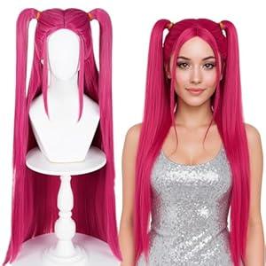 Long Magenta Ponytail Pigtail Wig for Women Universal Rose Red Wig + Cap for Stage Party Halloween Costume Cosplay