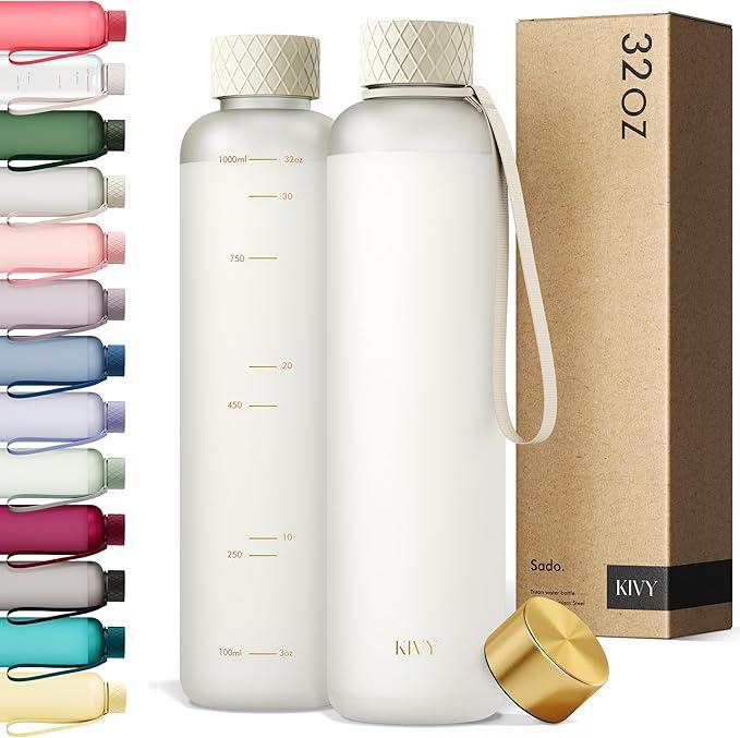 KIVY Slim Water Bottle 32oz [Lightweight & Shatterproof] Fits Cupholder & Backpack - BPA Free water bottle no straw - Cute aesthetic water bottles screw top - Cream white water bottle for women & men
