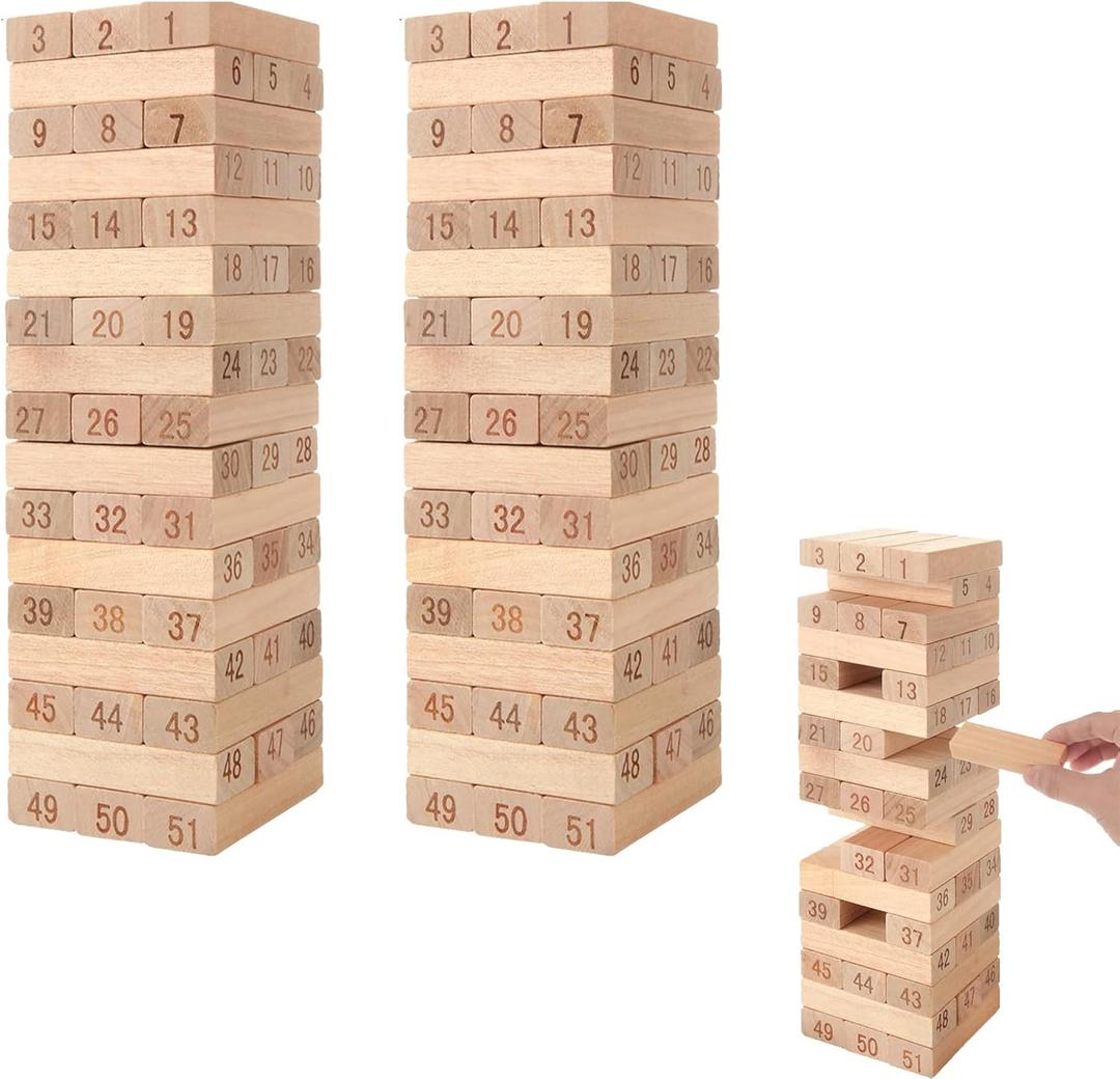 Acrux7 2 Set 51-PCS Wood Stacking Blocks, Natural Beechwood Block Set for Stacking, Parties, Family Gatherings