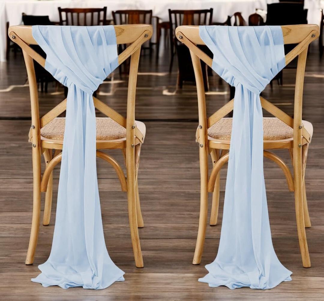 MDS Pack of 10 Chiffon Chair Sashes Bows for Wedding Events Supplies, Decorations for Birthday Parties, Graduations, Engagements, Chair Sashes fits Banquet Chair Cover Tie Back Band - Baby Blue