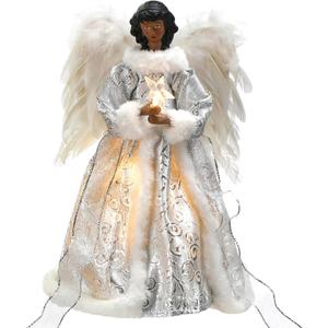 12.2'' Black Angel Christmas Tree Topper with Lights Standing African American Christmas Decorations Black Angel Figurines Treetop for Xmas Home Decor Winter Holiday(White,Cute Style)