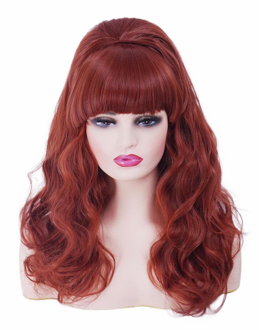 20 Inches Retro Beehive Copper Red Wigs for Women Long Wavy Auburn Wig with Neat Bangs Synthetic Natural Wig for 60s 70s 80s Cosplay,Halloween,Daily Use