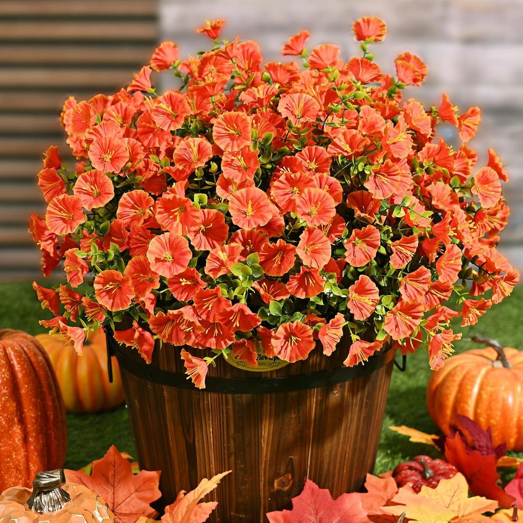Waipfaru Fall Flowers Artificial for Decoration, 24 Bundles Fake Fall Flowers, UV Resistant Artificial Petunias Plants for Outdoors, Home Decor Planter Porch Decoration, Pot Not Include, Orange
