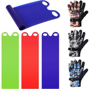 Leyndo 6 Pcs Lightweight Roll up Snow Sled 54 with Handles and Waterproof Winter Ski Gloves for Family Flexible Snow Sled Flying Carpet Durable Plastic Sleds for Beach Grass Sand