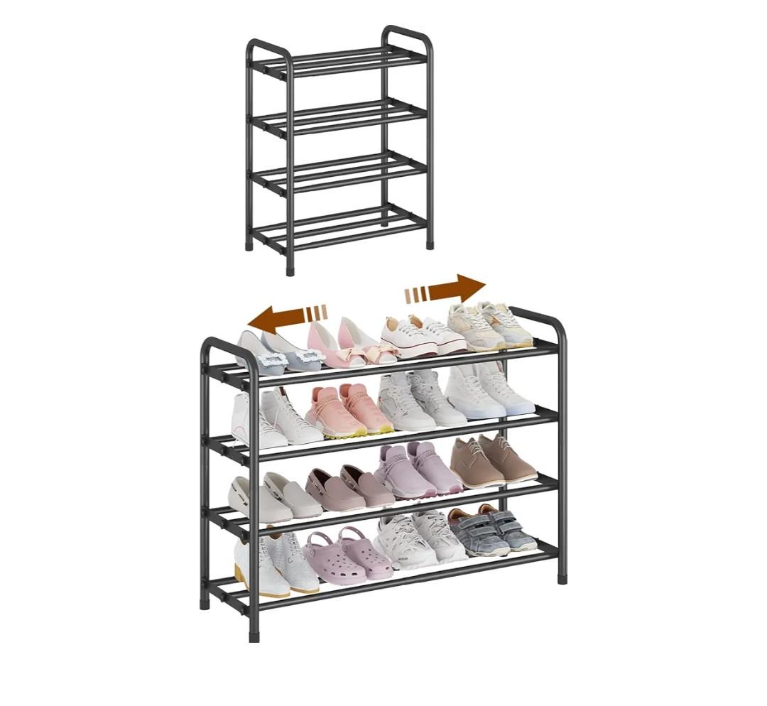 KANAV 4Tier Expandable Shoe Rack – Adjustable Shoe Organizer & Shoe Storage for Closet, Entryway, and Front Door – SpaceSaving Shoe Shelf and Rack Organizer for Home  Black