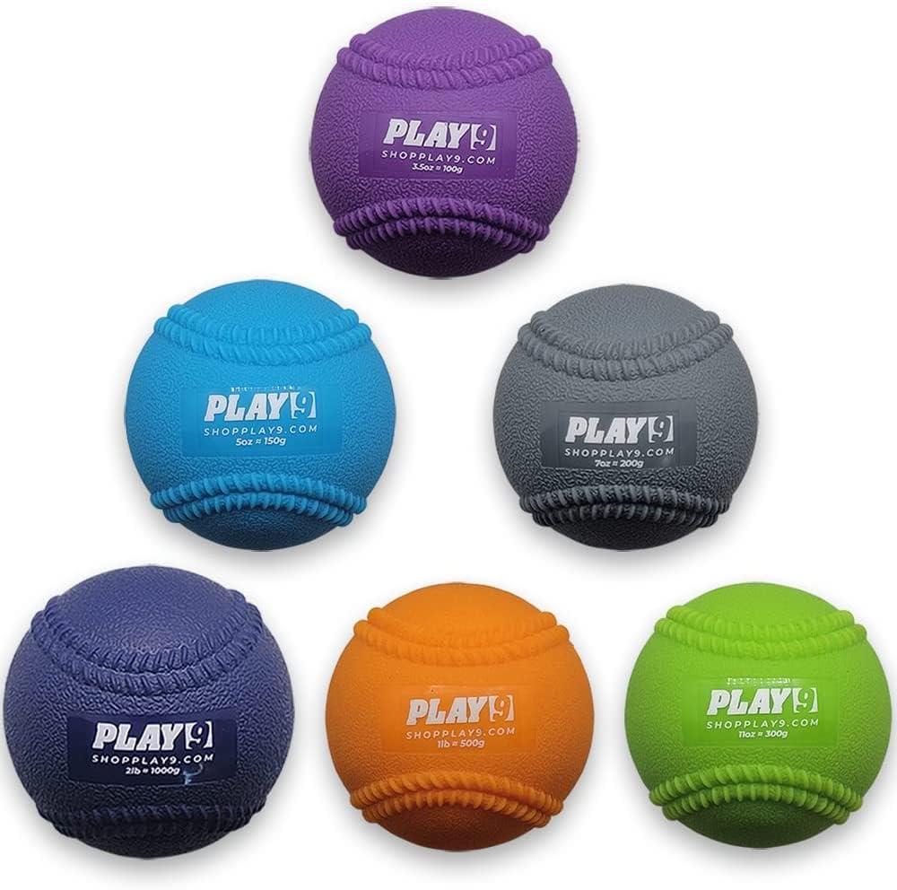 SHOP PLAY 9 - Plyometric Baseballs - Weighted Balls for Baseball - Arm Care, Velocity, and Strength Training - Weighted Baseballs for Throwing and Stretching - Textured Finish for Improved Grip