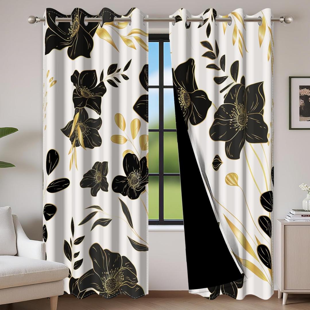 Baocicco Blackout Floral Curtains for Bedroom, 63 inch Long Printed Flower Black Out Curtains, French Country Window Treatment Farmhouse Drapes Set 2 Panels Black Gold 42Wx63L
