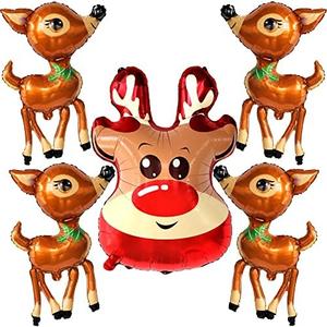 KatchOn, Christmas Reindeer Balloons - Large, Pack of 5 | Reindeer Foil Balloon for Christmas Decorations | Foil Balloons for Reindeer Decor | Foil Balloon for Xmas Decorations (Brown)