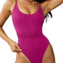 ZAFUL Women's One Piece Swimsuit Lace Up Tie Back Bathing Suits Ribbed Fully Lined Tummy Control Scoop Neck Padded Swimwear Large, Hot Pink 