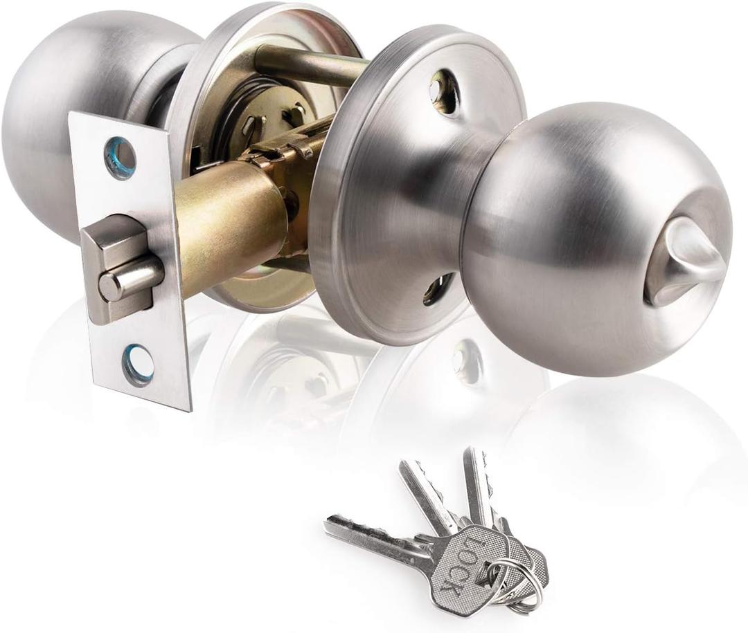 XIUDI Entry Door Knobs with Lock and Key,Ball Stainless Steel Keyed Door Lock,for Privacy Bedroom/Bathroom,Satin Nickel