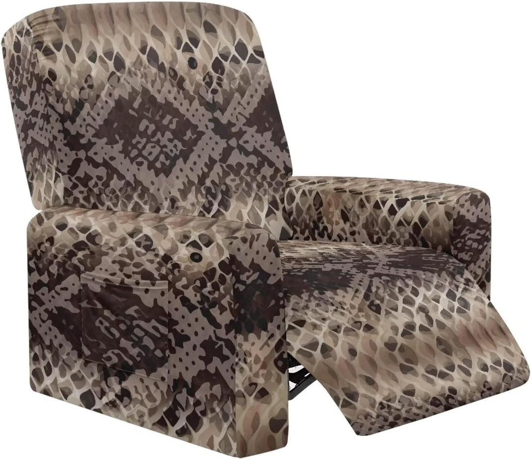 Snake Print Recliner Chair Covers Brown Snakeskin Recliner Sofa Protector with Pocket Stain Resistant Elastic Reclining Couch Cover Machine Washable, 4-Piece