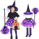 Jeowoqao Girls Halloween Dress upLight up Witch Costume for Girls, Witch Skirt Broom Hat Treat Bag for Toddler Aged 3 4 5 6 (Purple)