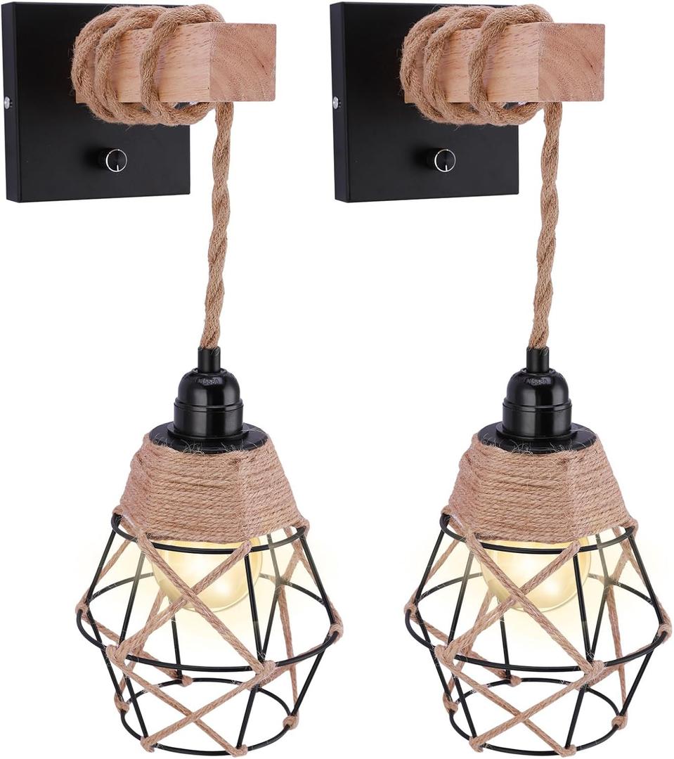 Hanging Lights with Plug in Cord Set of Two, Farmhouse Hanging Lamps Hand Woven Rattan Wall Sconce with Wood Arm Hemp Rope Cord, Boho Wall Sconce for Bedroom Living Room (Wiring Fixed Type)