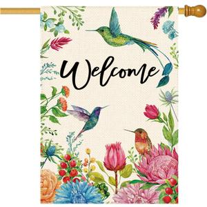 Summer Hummingbird Welcome Garden Flag 28 x 40 Inch Double Sided, French Vintage Peony Dahlia Floral Farmhouse Burlap Large House Flag Seasonal Holiday Outdoor Outside Decoration
