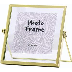 Leoyoubei Gold Floating Glass Frame,Hand-Made,Vintage Style and Real Glass Photo Frame Collection Metal Geometric Picture Frame,Double Glass Floating Desk Frame 4x4,Can Also Put 5X5 Photo