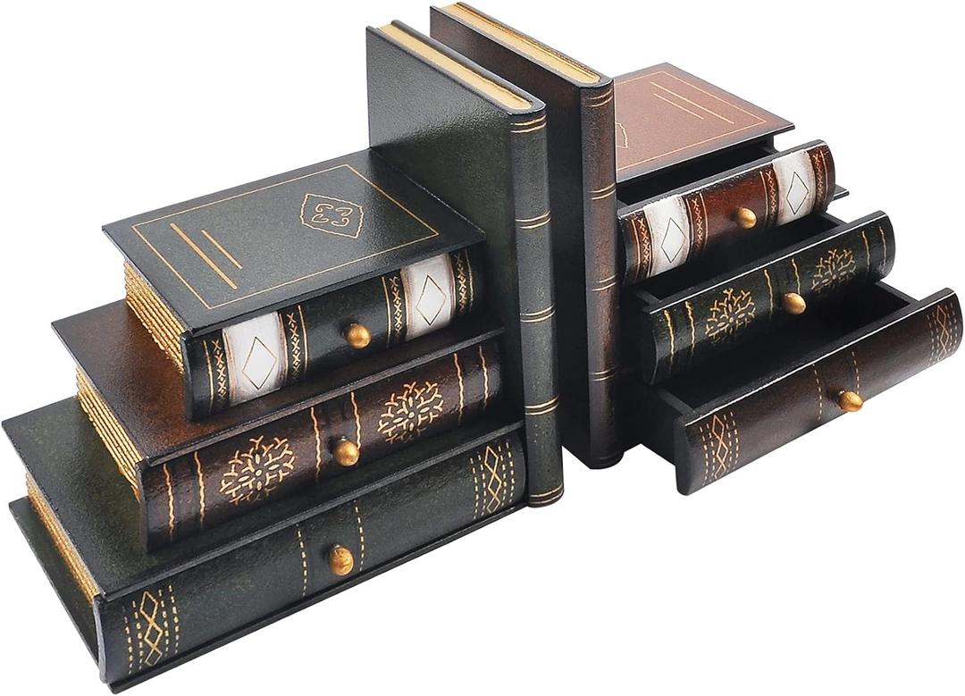 Vintage Wooden Bookends with Drawers Decorative False Book Shelf Organizer for Home, Office, or Library (311)