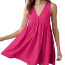 Aimiray Women's Casual Sleeveless Mini Dress Loose V Neck Backless Pleated Short Tank Sundress with Pockets(Rose-M)