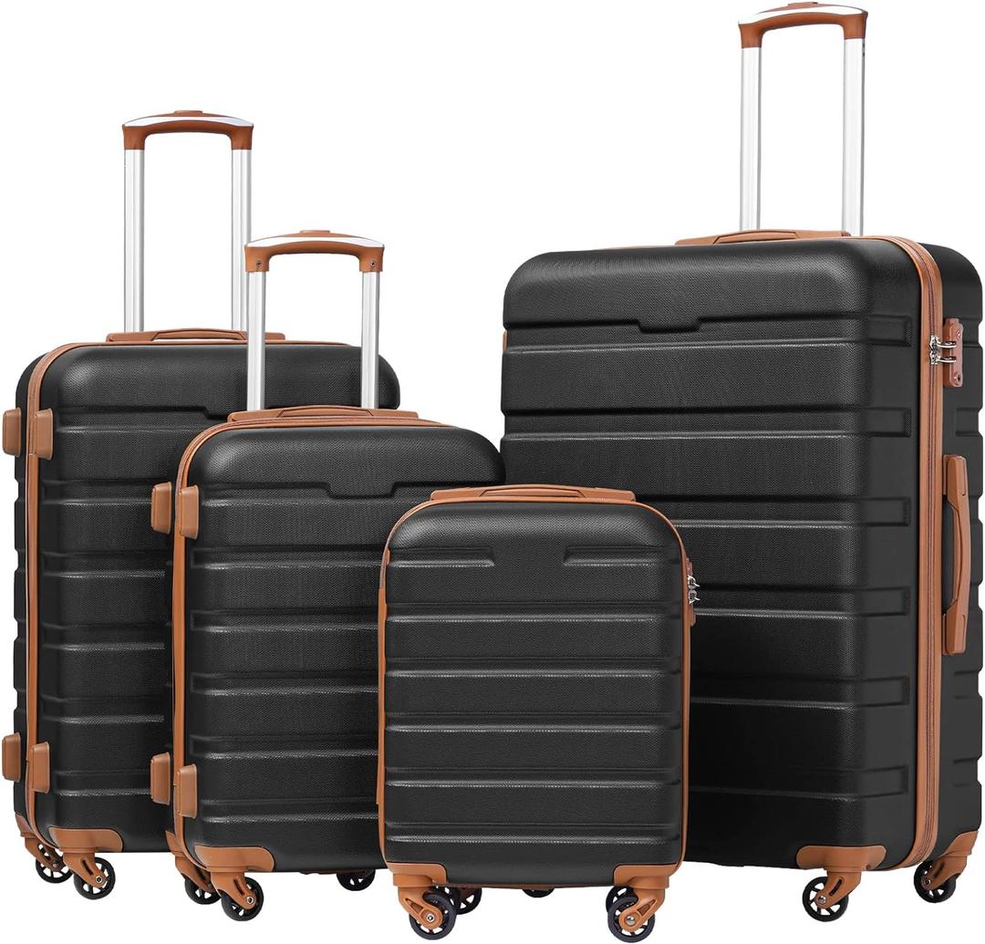 Coolife Luggage 4 Piece Set Suitcase Spinner Hardshell Lightweight TSA Lock (family set-apricot black)