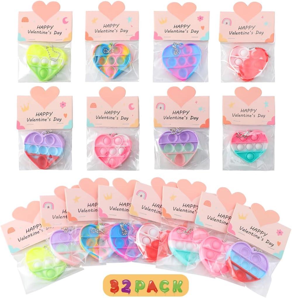 32 Pack Valentine Gifts for Kids - Cards with Mini Heart Pop Fidget Toys Bulk - Valentine Exchange for Girls Boys School Class Classroom Fidget Toys Party Favors