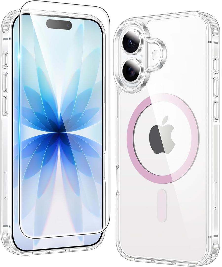 FNTCASE for iPhone 17 Case Clear: Magnetic Phone Cases Compatible with Magsafe Slim Anti Yellowing Military Grade Drop Protection Rugged Shockproof Protective Transparent Cell Cover (C-A Pink)