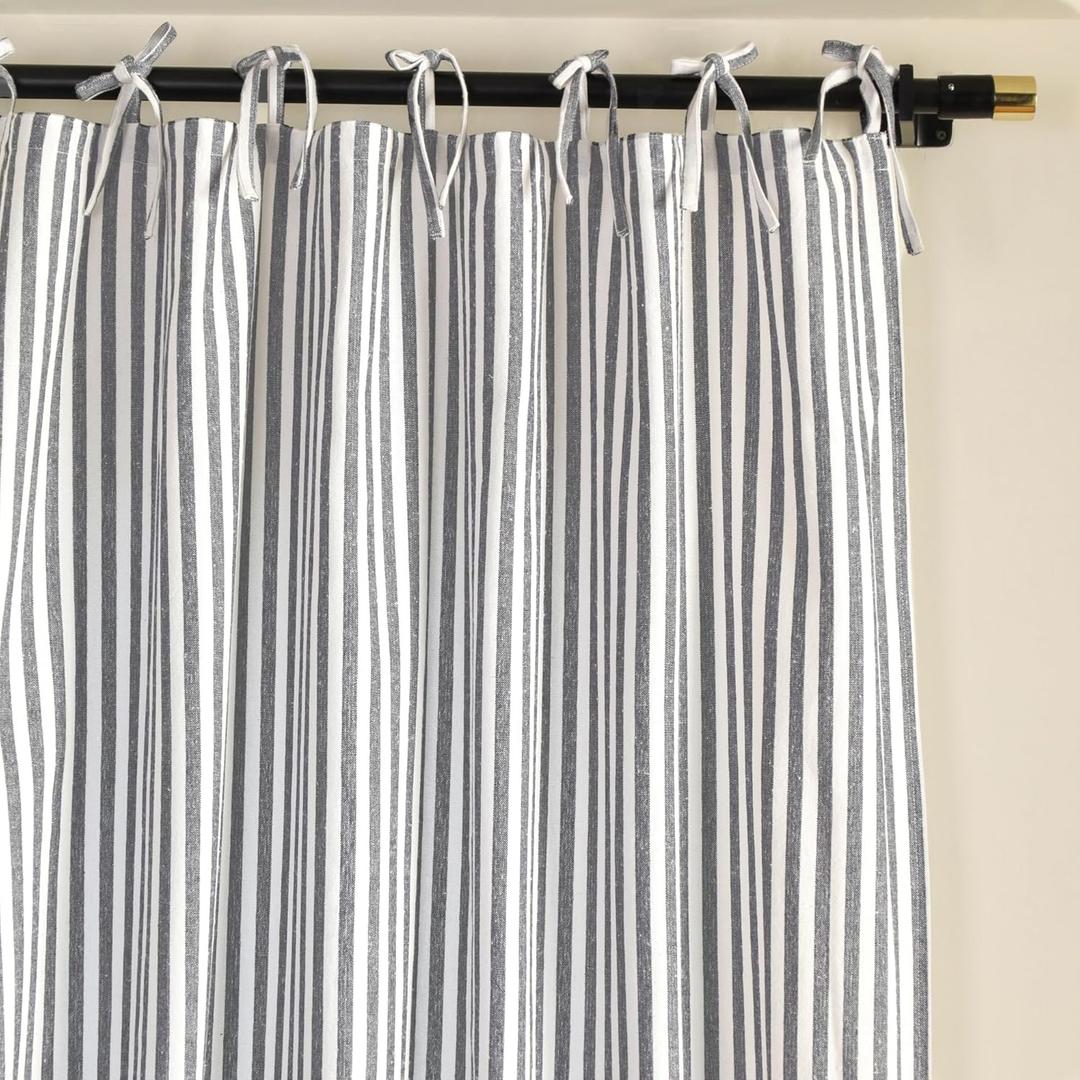 THE ART BOX Gauze Striped Curtains,Boho Linen Tie Top Hanging Curtains Light Filtering Door Window Treatment 2 Panel Curtain Drapes for Living Room Bedroom Grey on White (84''x42'' Each Panel)